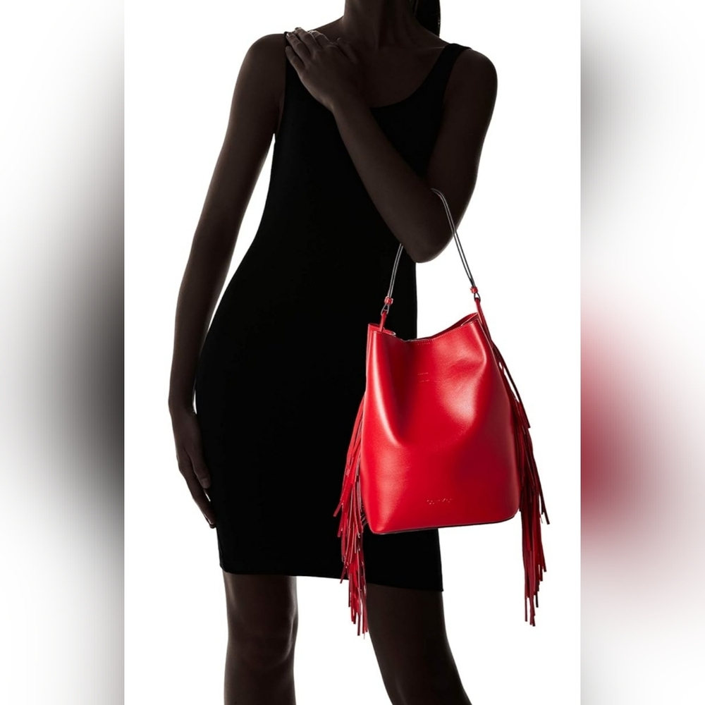 Calvin Klein Red Hobo Bag with Fringe